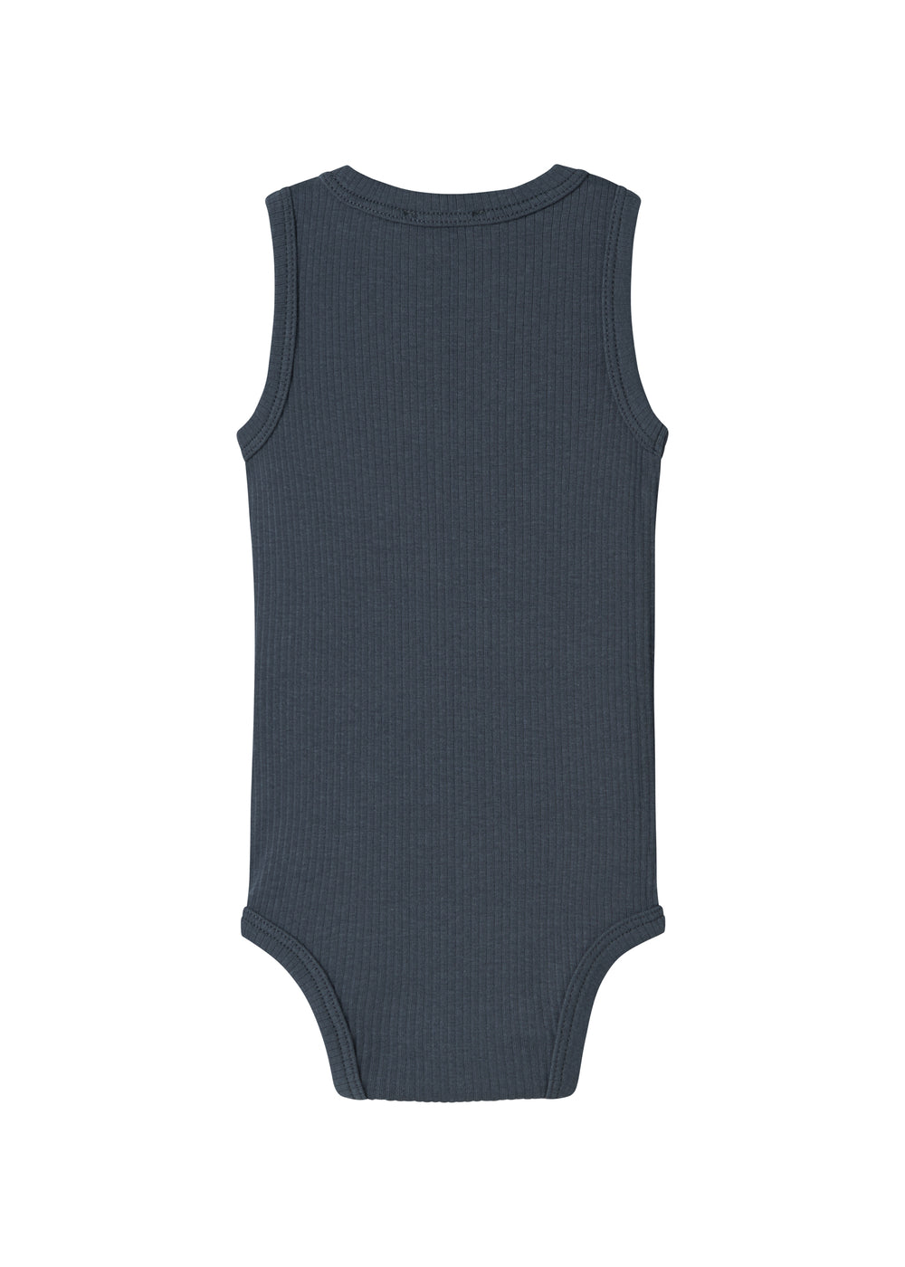 Mørk blå ærmeløs bodystocking i ribstrik, set bagfra med rund halskant
