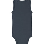 Mørk blå ærmeløs bodystocking i ribstrik, set bagfra med rund halskant