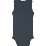Mørk blå ærmeløs bodystocking i ribstrik, set bagfra med rund halskant