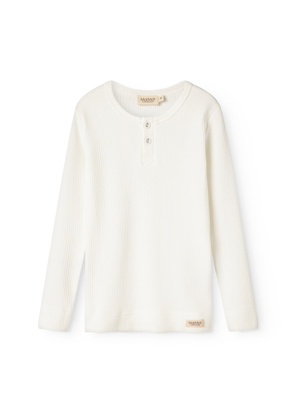 Langærmet hvid ribstrikket t-shirt med knaplukning foran