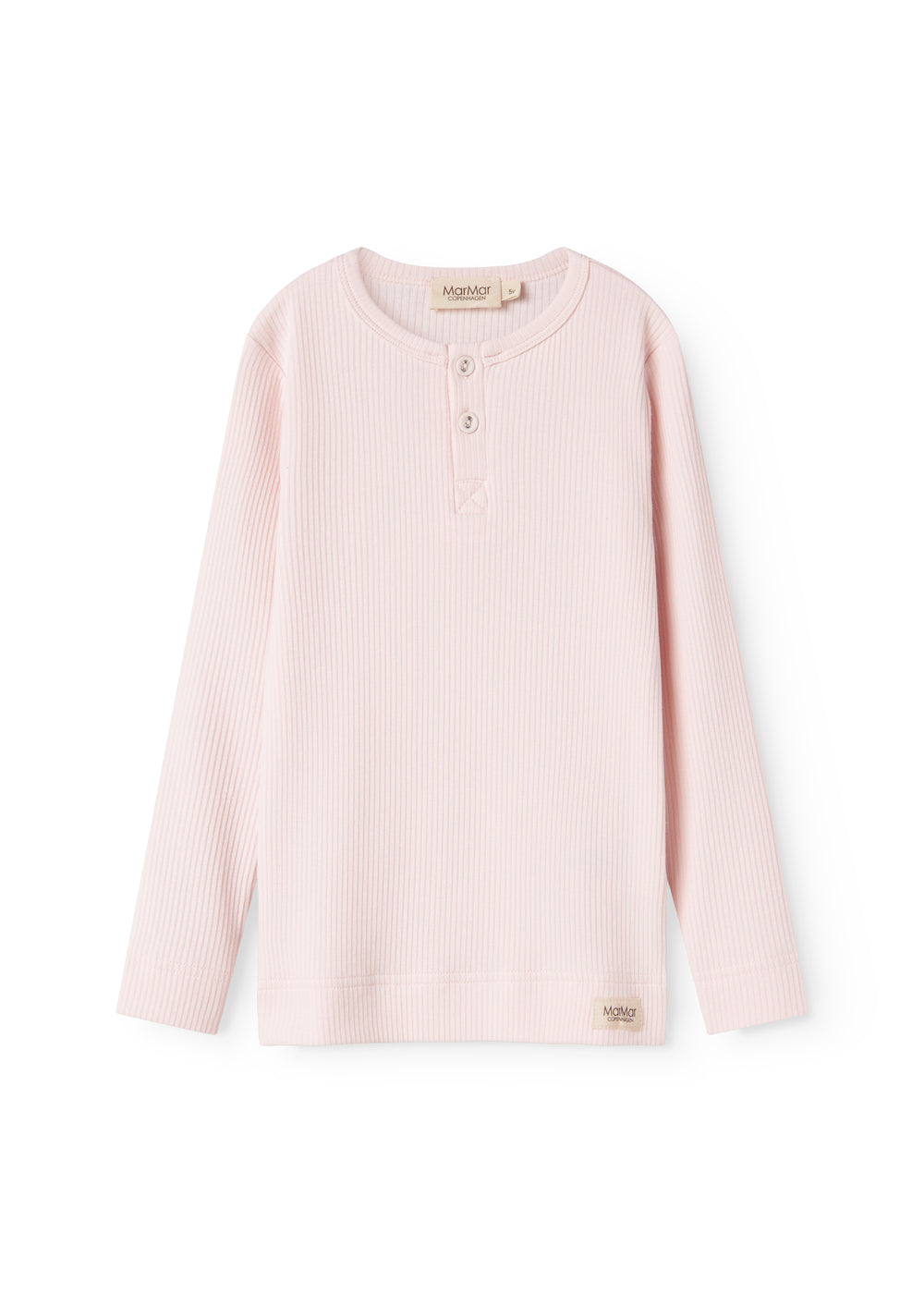 Lyserød langærmet ribstrikket baby-T-shirt med knaplukning i halsen