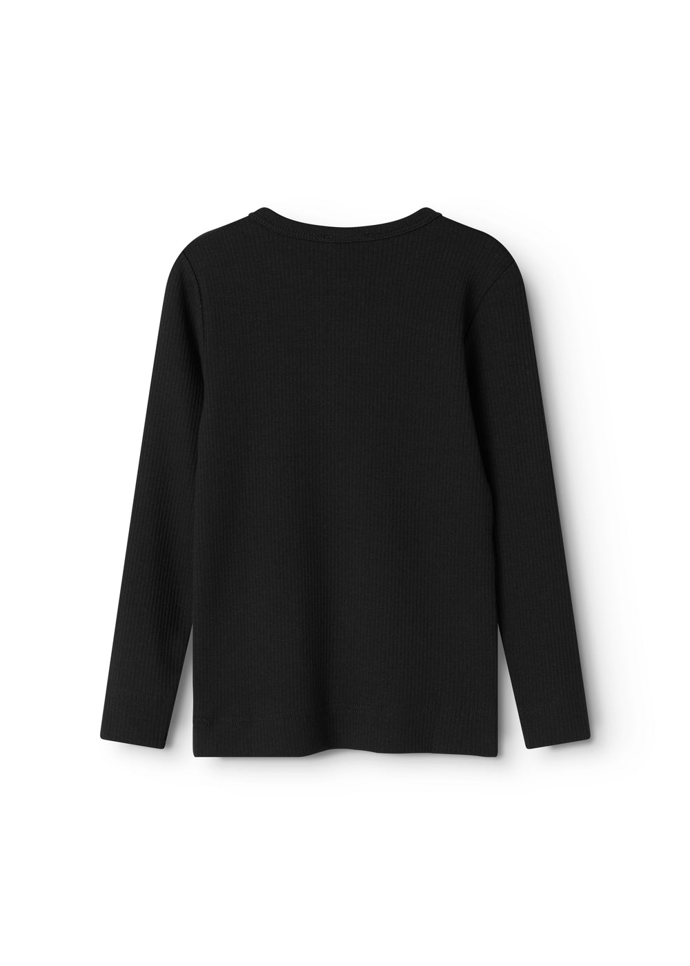 Sort langærmet T-shirt set bagfra, glat forløb uden synlige mærker