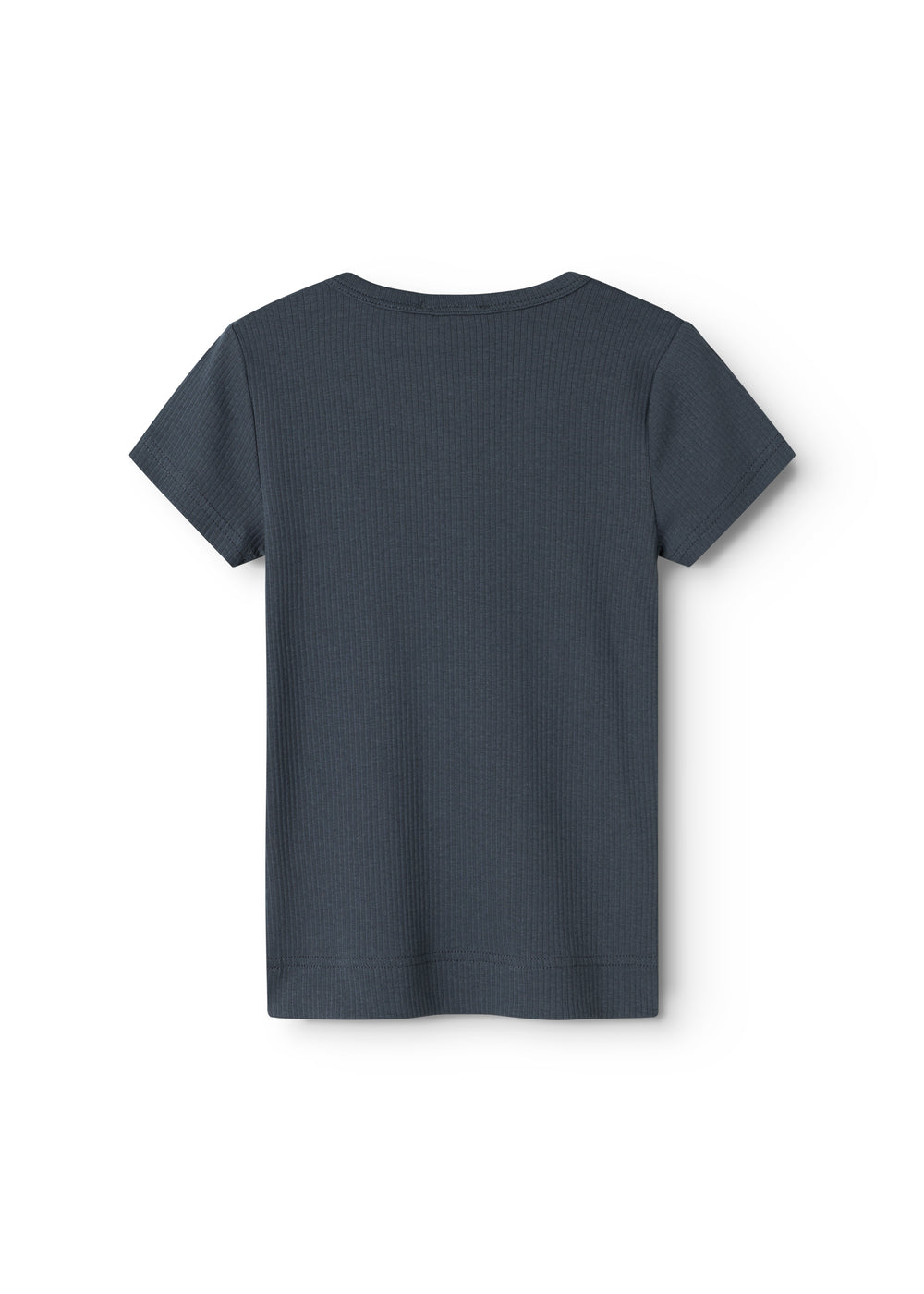 Børne-T-shirt i mørkeblå ribstrik, kortærmet rund hals (bag)