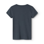 Børne-T-shirt i mørkeblå ribstrik, kortærmet rund hals (bag)
