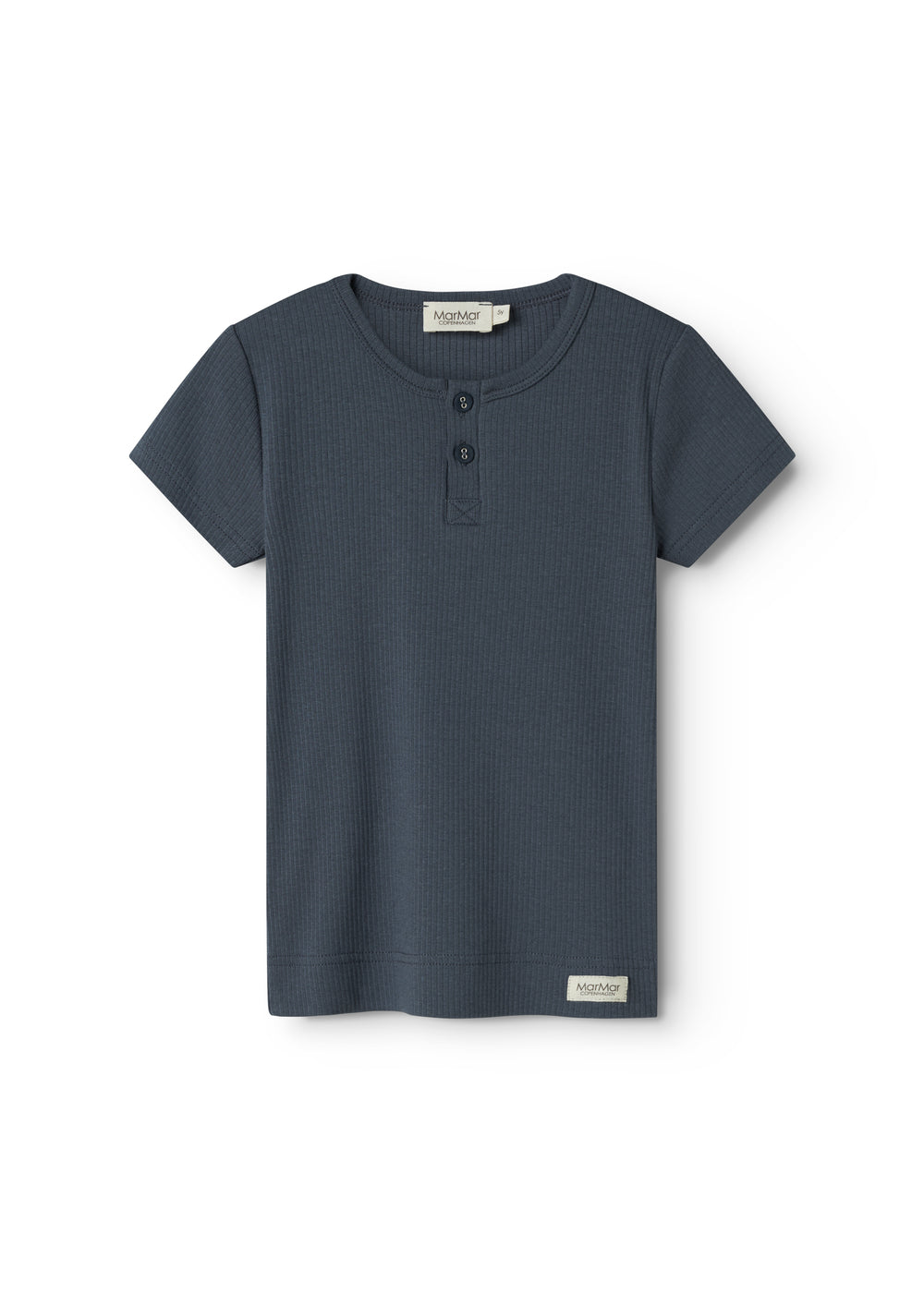 Børne-T-shirt i mørkeblå ribstrik med knapstolpe foran og korte ærmer