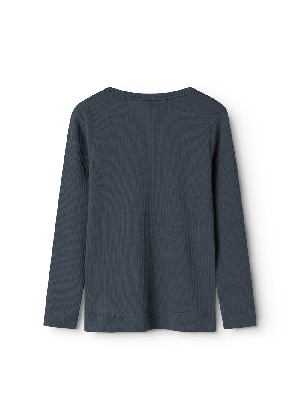 Langærmet T-shirt i mørk blå med rund hals, ensfarvet og ribbet strikryg.