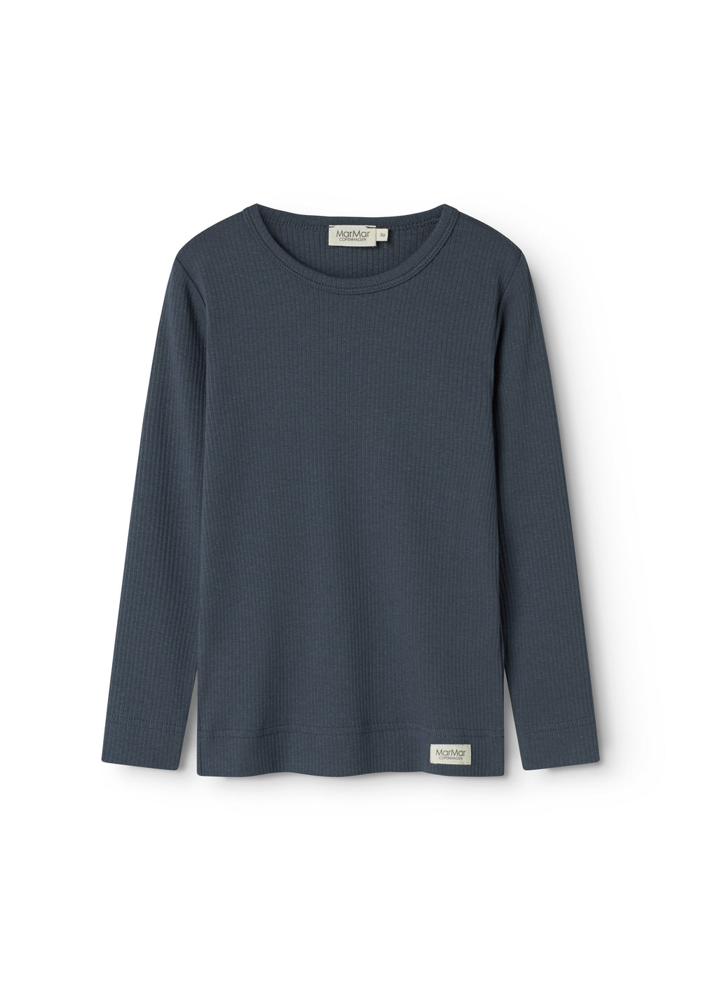 Langærmet T-shirt i mørk blå med rund hals og ribbet kant, ensfarvet.