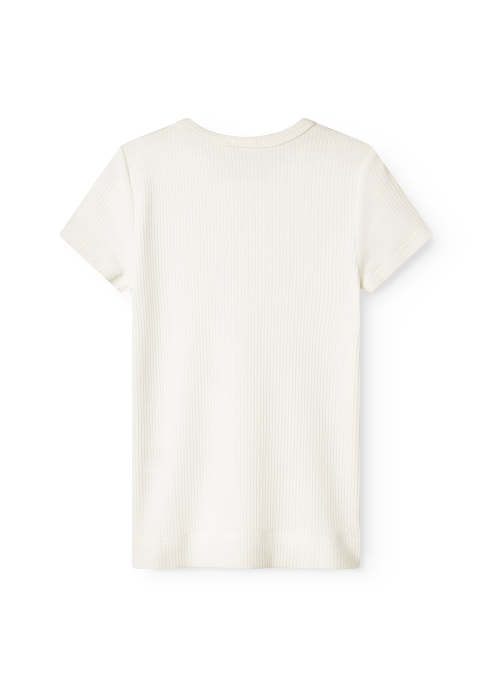 Kortærmet baby-T-shirt i hvid ribstruktur, set bagfra med rund hals