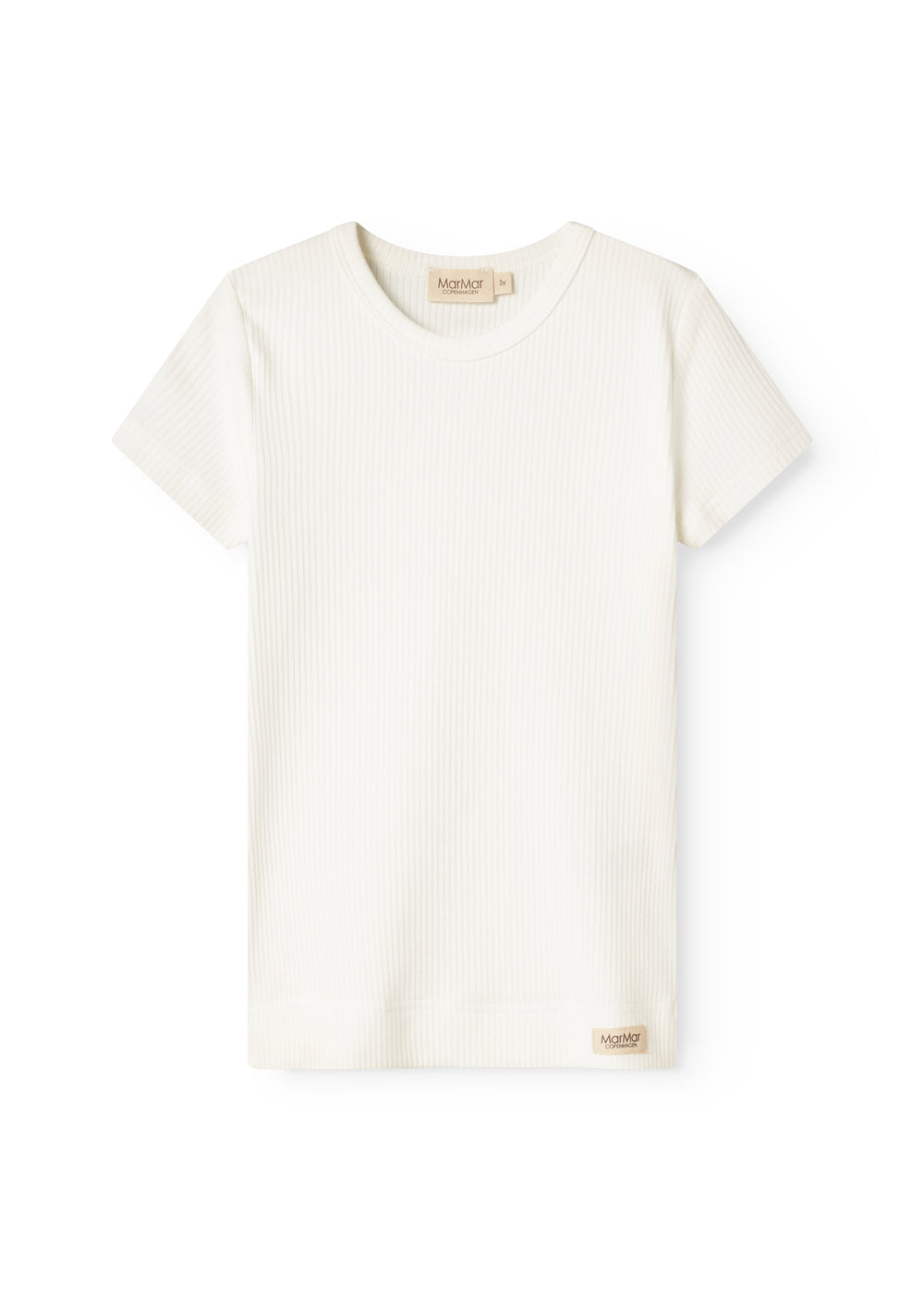 Kortærmet baby-T-shirt i blød, hvid ribstruktur med rund hals og lille mærkelap