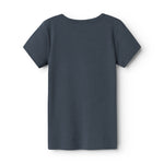 Mørkeblå kortærmet T-shirt med rund halsudskæring, ensfarvet.