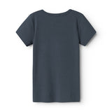 Mørkeblå kortærmet T-shirt med rund halsudskæring, ensfarvet.