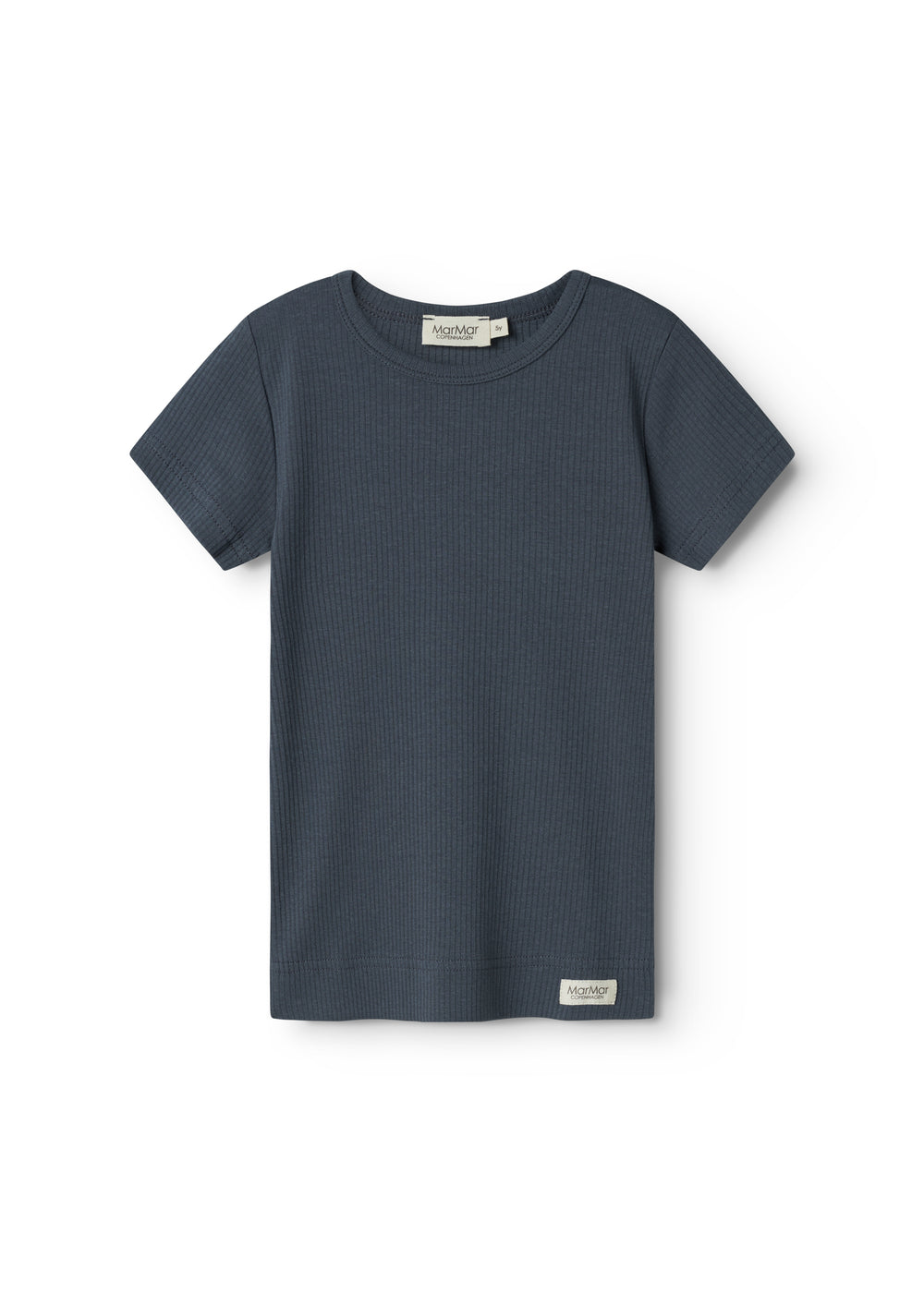 Mørkeblå kortærmet T-shirt med ribbet hals og ensfarvet strik.