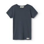 Mørkeblå kortærmet T-shirt med ribbet hals og ensfarvet strik.