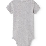Kortærmet lysegrå meleret bodystocking set bagpå, ensartet strikket overflade