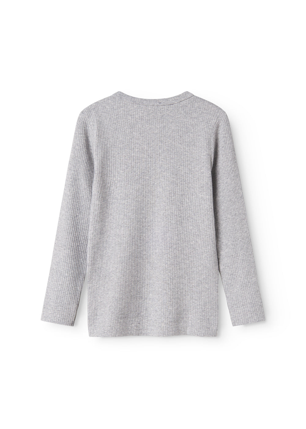 Langærmet t-shirt i lys gråmeleret stof, rund halsudskæring set bagfra