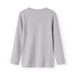 Langærmet t-shirt i lys gråmeleret stof, rund halsudskæring set bagfra
