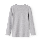 Langærmet t-shirt i lys gråmeleret stof, rund halsudskæring set bagfra