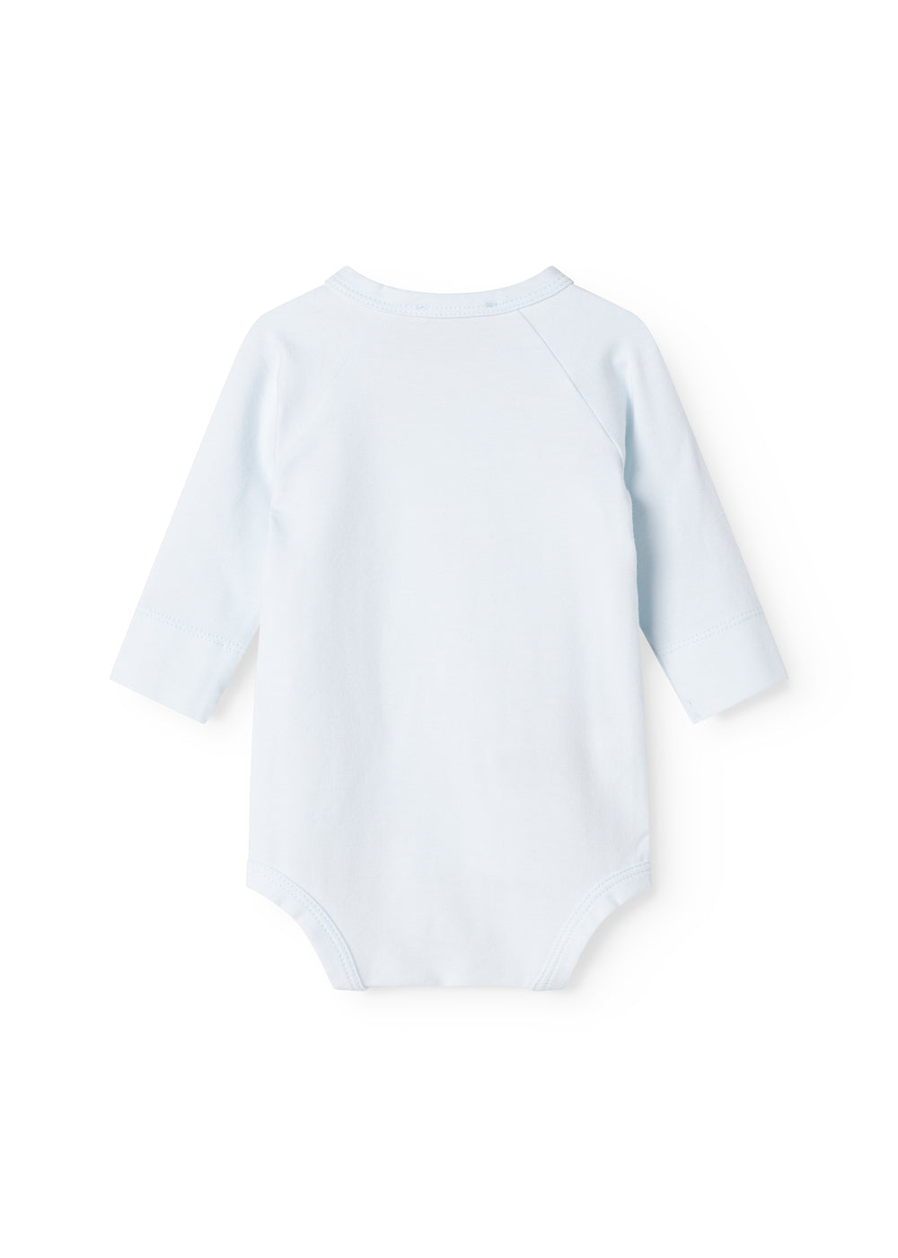 Lyseblå langærmet babybody med hel forside og trykknapper