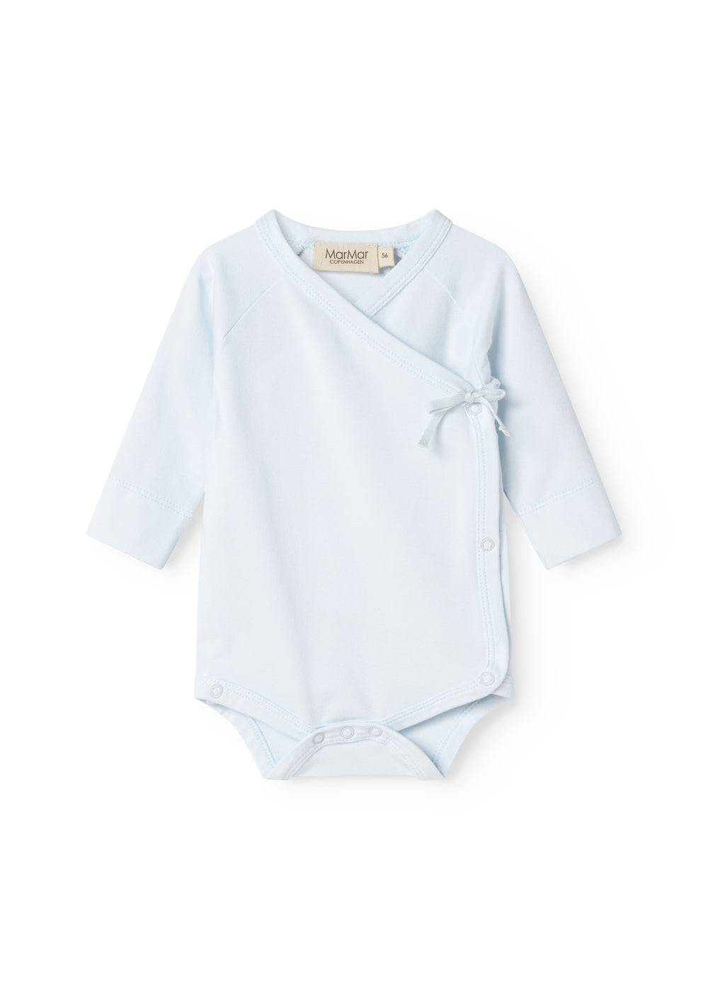 Lyseblå babybody med slå-omkrave og sløjfedetalje foran