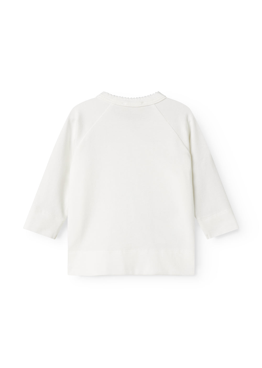 Hvid babybluse med rund hals og lange ærmer, bagpå med glat forside