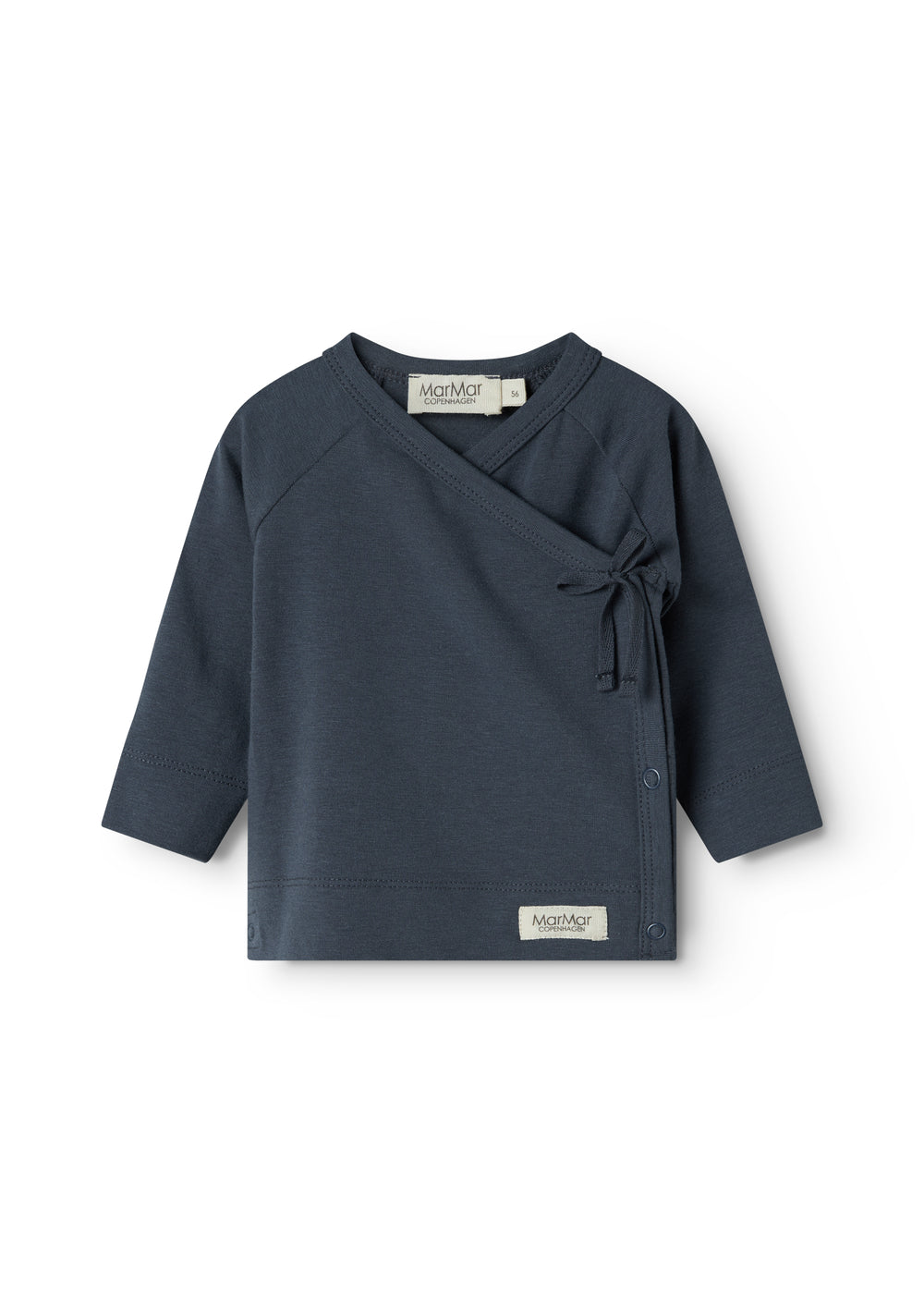 Mørk blå bluse med krydset wrap-hals og bindesnor i front