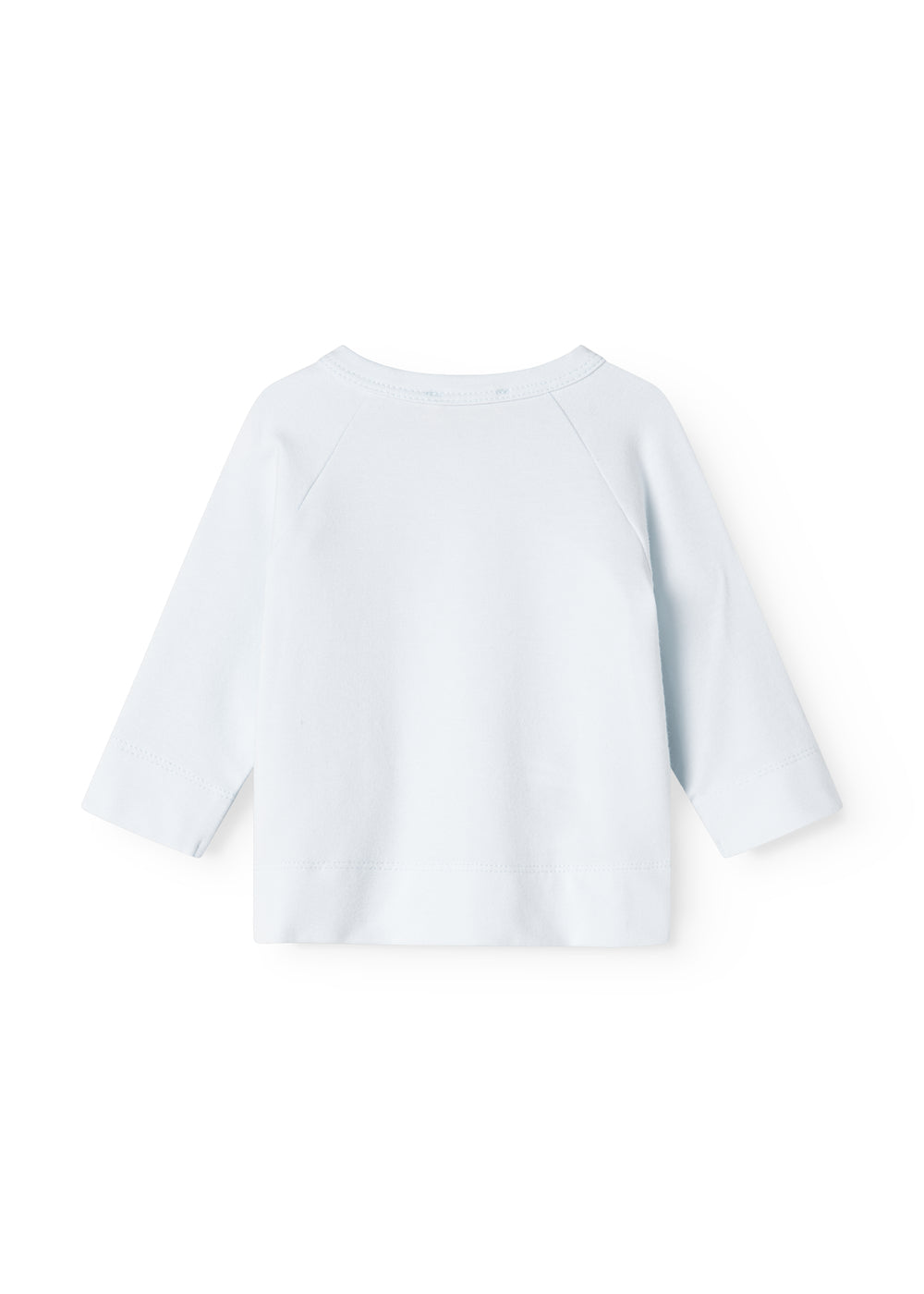 Lysblå bluse med lange ærmer bagpå og rund halsudskæring