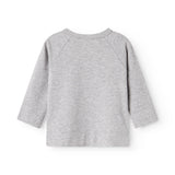 Lysegrå melange bluse med lange raglanærmer og rund halsudskæring bagpå