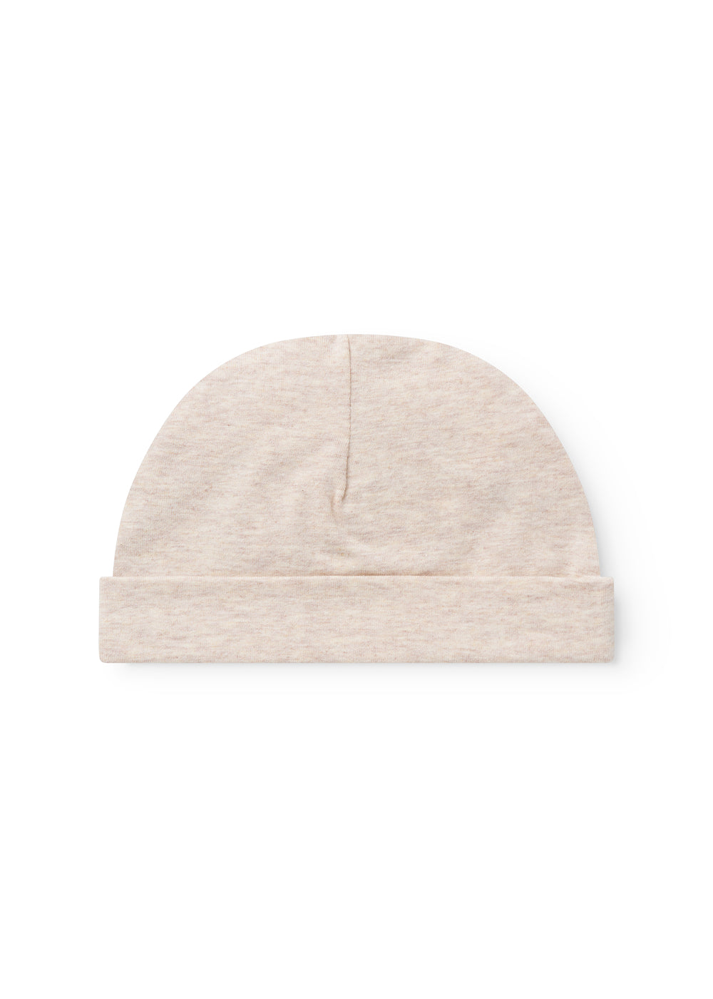 Lys beige melange strikhue til baby med foldkant og midtersøm, rund krone