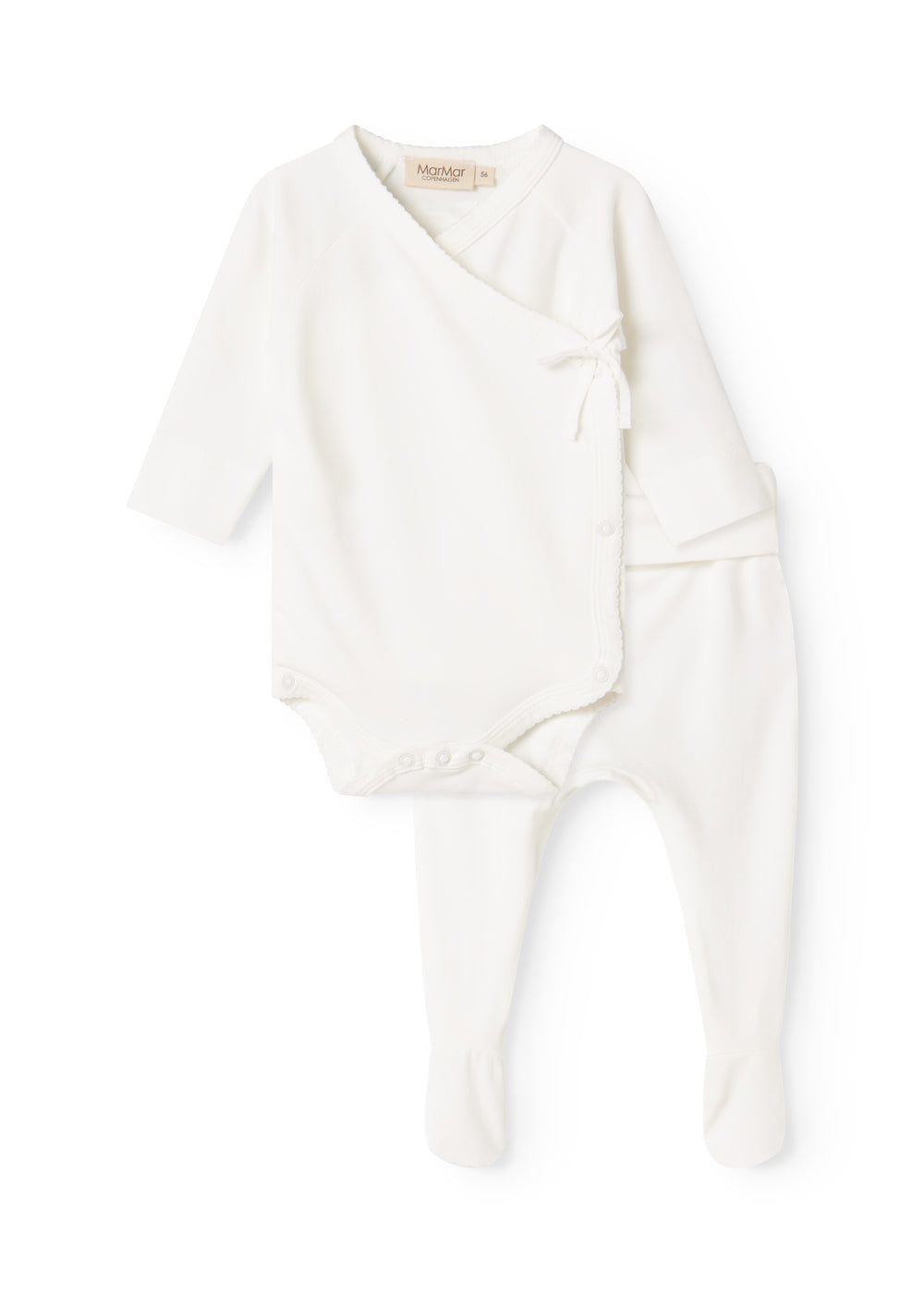 Hvid babysæt-bodystocking med knyte ved hals og matchende bukser