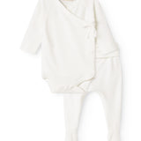Hvid babysæt-bodystocking med knyte ved hals og matchende bukser