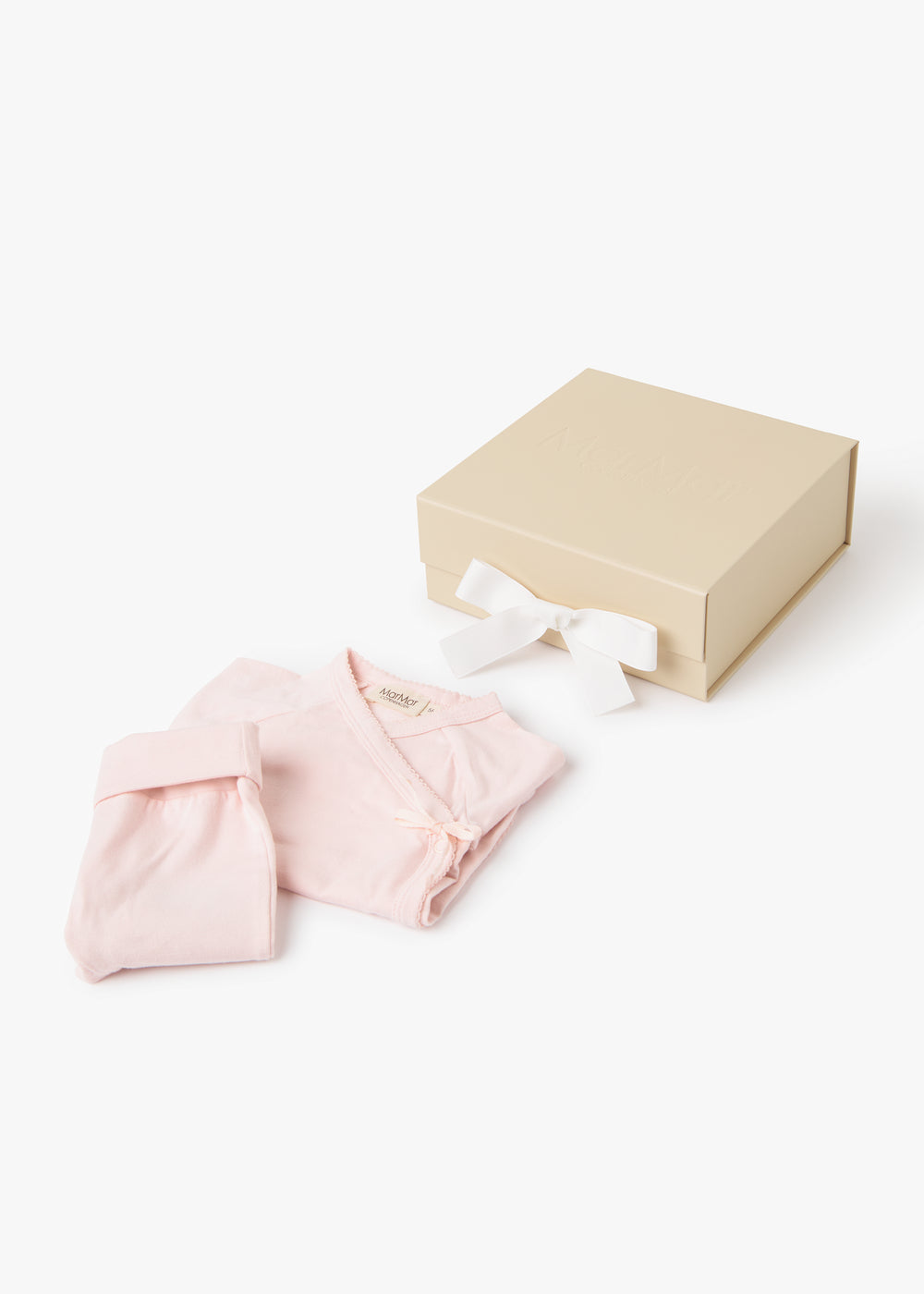 Gaveæske med beige låg og pink babysæt i to dele