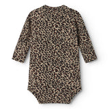 Leopadmønstret bodystocking i brunt med lange ærmer og rund hals