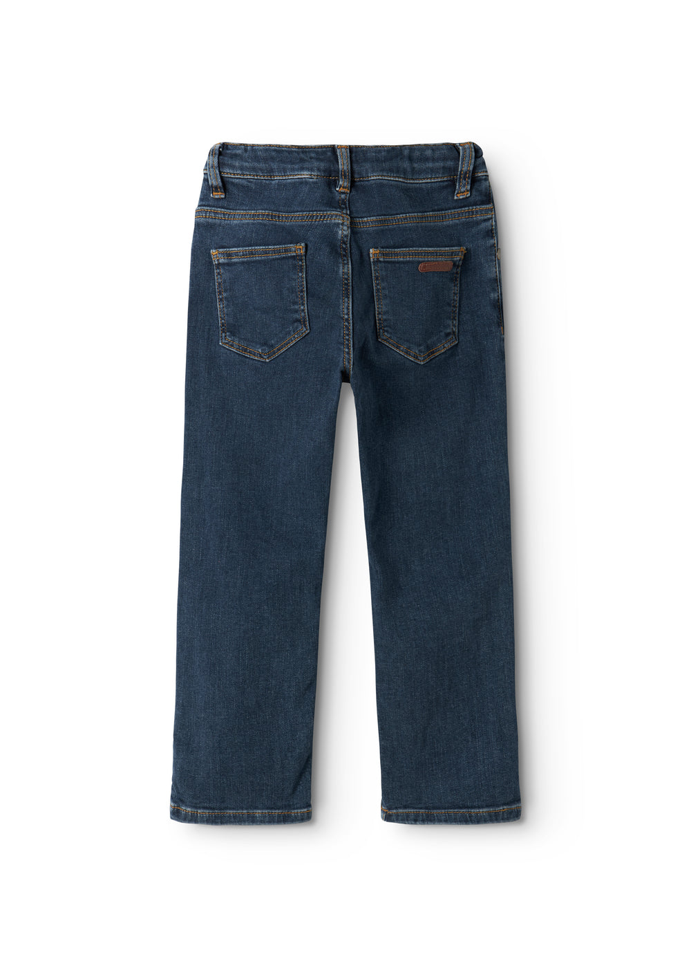 Mørke indigo jeans med to baglommer og gul stikning