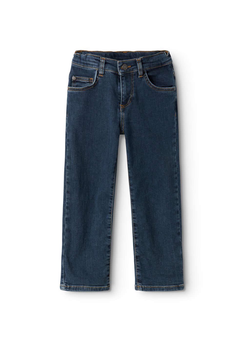 Mørke indigo jeans med lige ben, forlommer og knaplukning