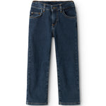 Mørke indigo jeans med lige ben, forlommer og knaplukning