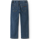 Pallas N jeans i mid indigo denim, fladtliggende med baglommer og syninger