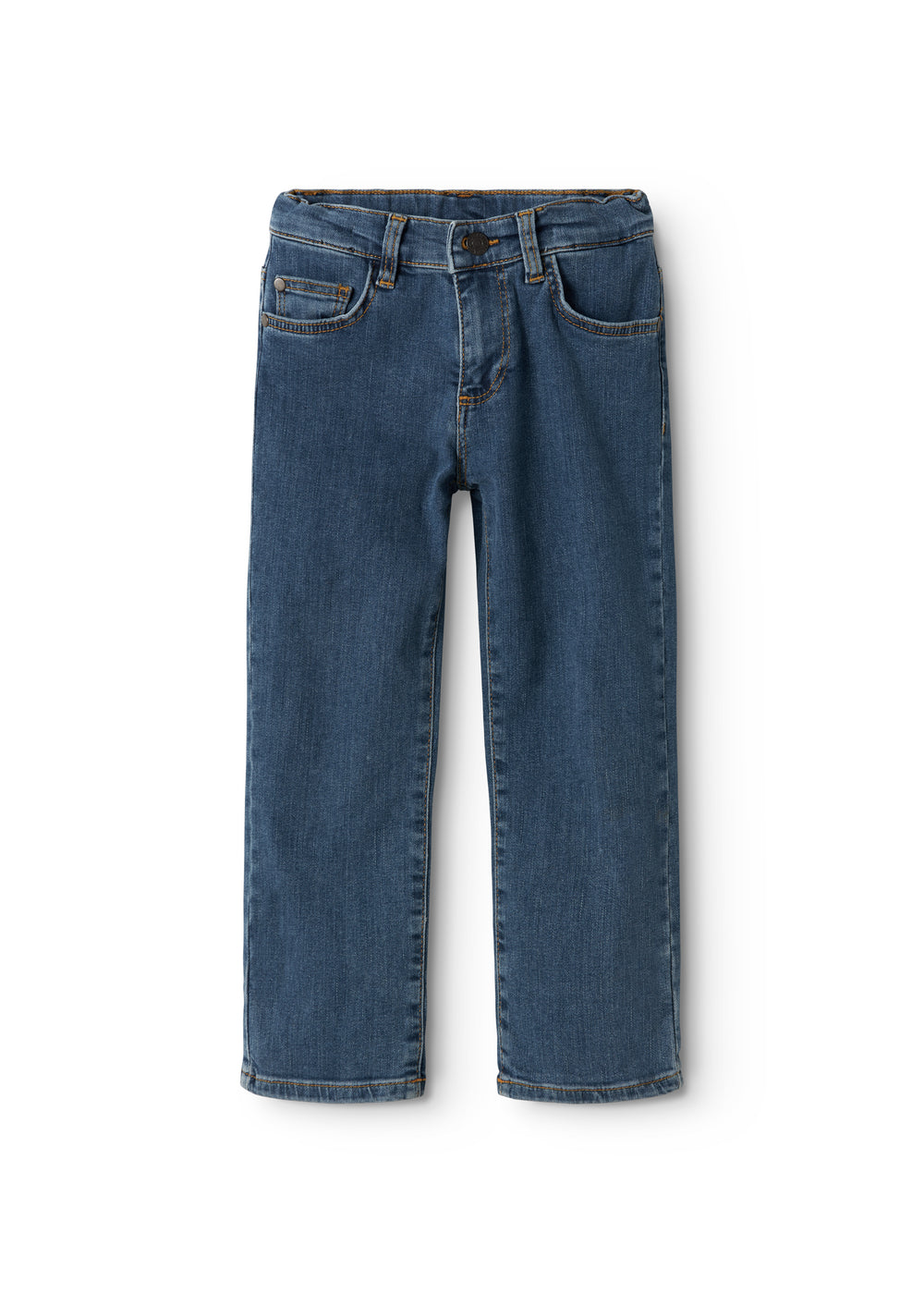 Pallas N jeans i mid indigo denim, fladtliggende med forlommer og knaplukning