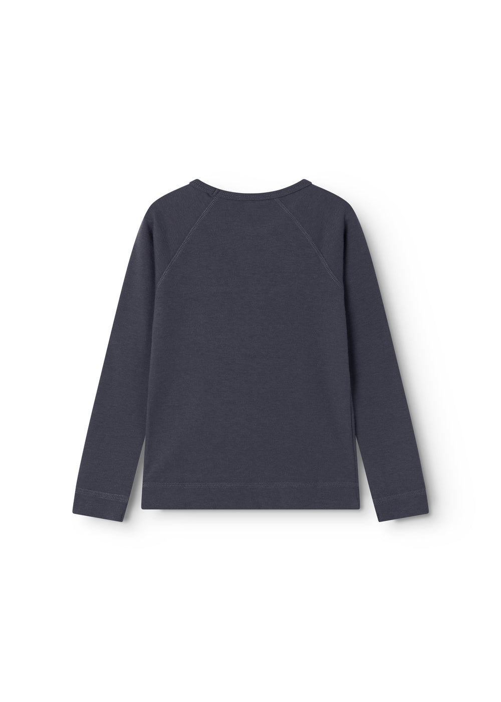 Mørkeblå langærmet basis-T-shirt med rund hals, set bagfra
