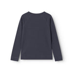 Mørkeblå langærmet basis-T-shirt med rund hals, set bagfra