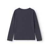 Mørkeblå langærmet basis-T-shirt med rund hals, set bagfra