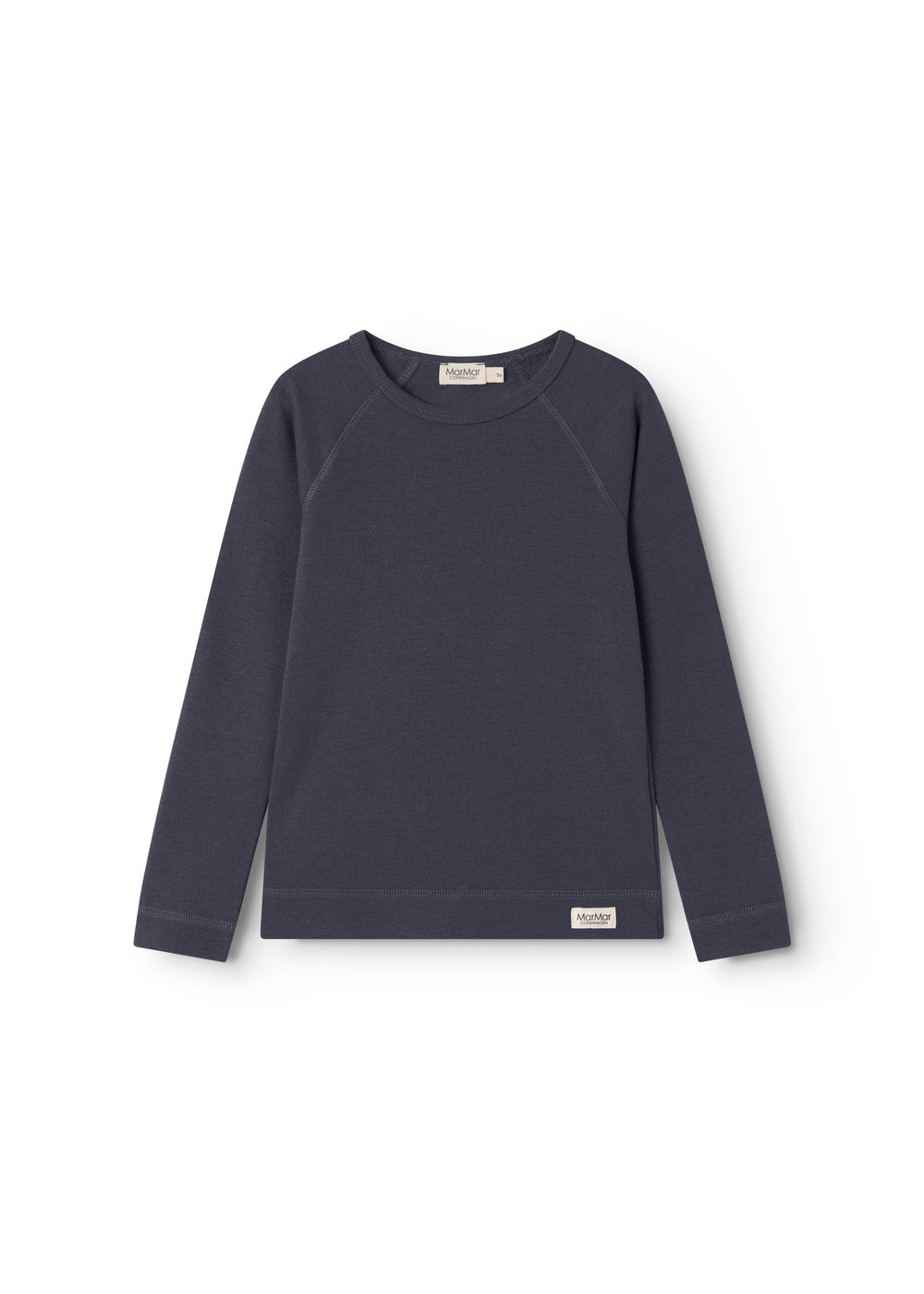 Mørkeblå langærmet basis-T-shirt med raglanærmer og rund hals