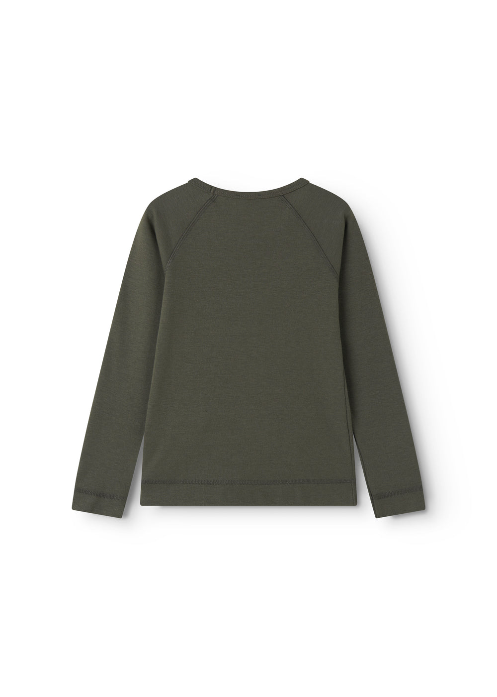 Langærmet t-shirt i mørkegrøn, ensfarvet set bagpå med lange ærmer.