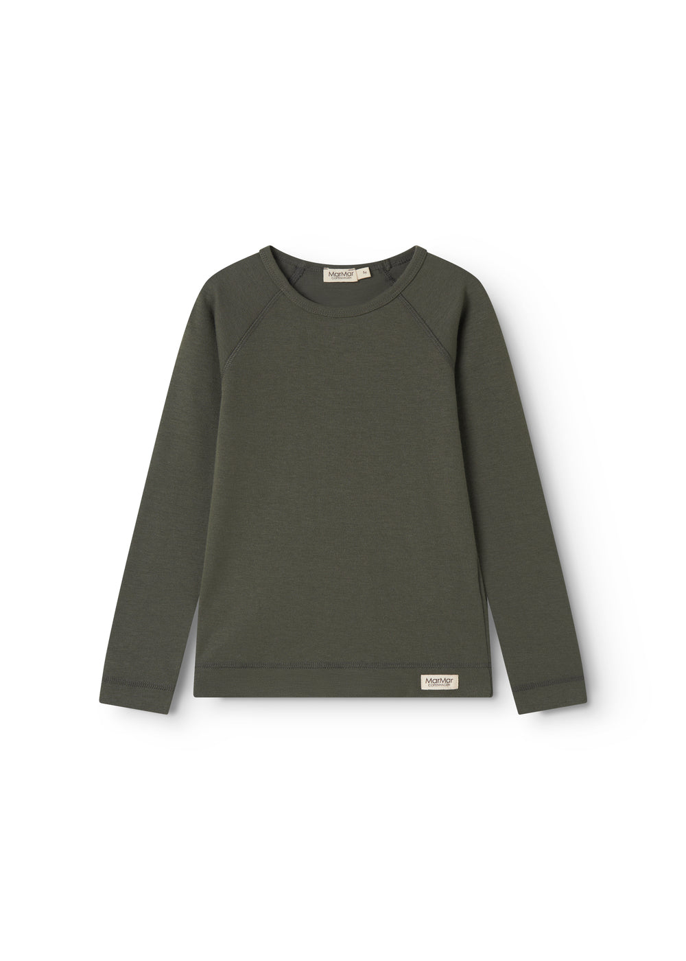 Langærmet t-shirt i mørkegrøn, ensfarvet med rund hals og lange ærmer.