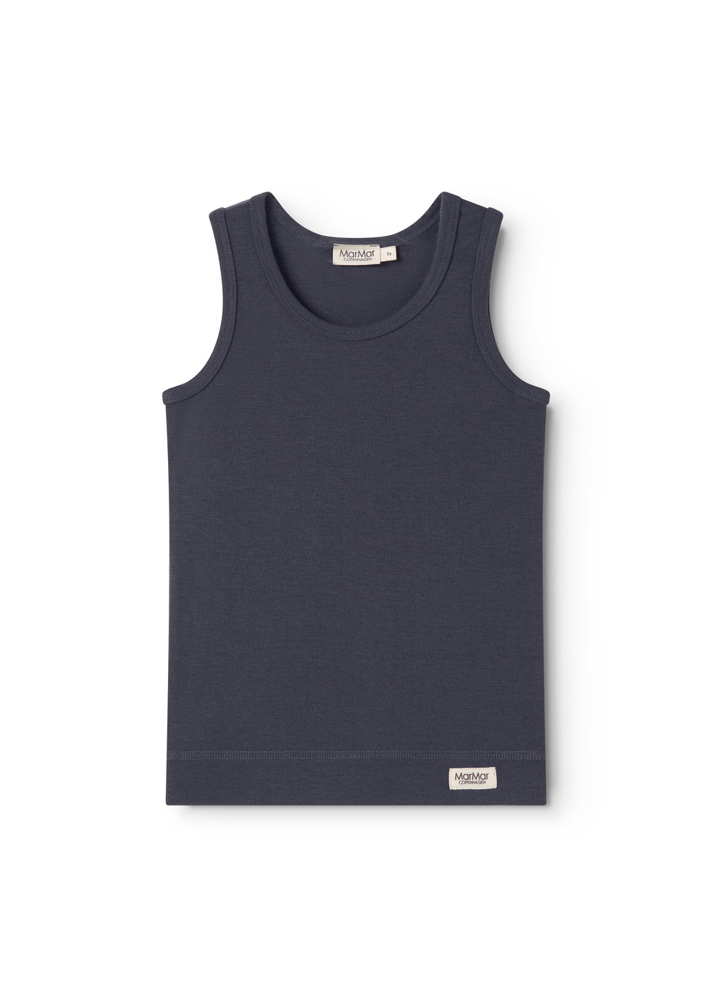 Mørkeblå tanktop/undertrøje med rund hals, ærmeløse snit og MarMar-mærke nederst.