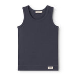 Mørkeblå tanktop/undertrøje med rund hals, ærmeløse snit og MarMar-mærke nederst.