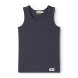 Mørkeblå tanktop/undertrøje med rund hals, ærmeløse snit og MarMar-mærke nederst.