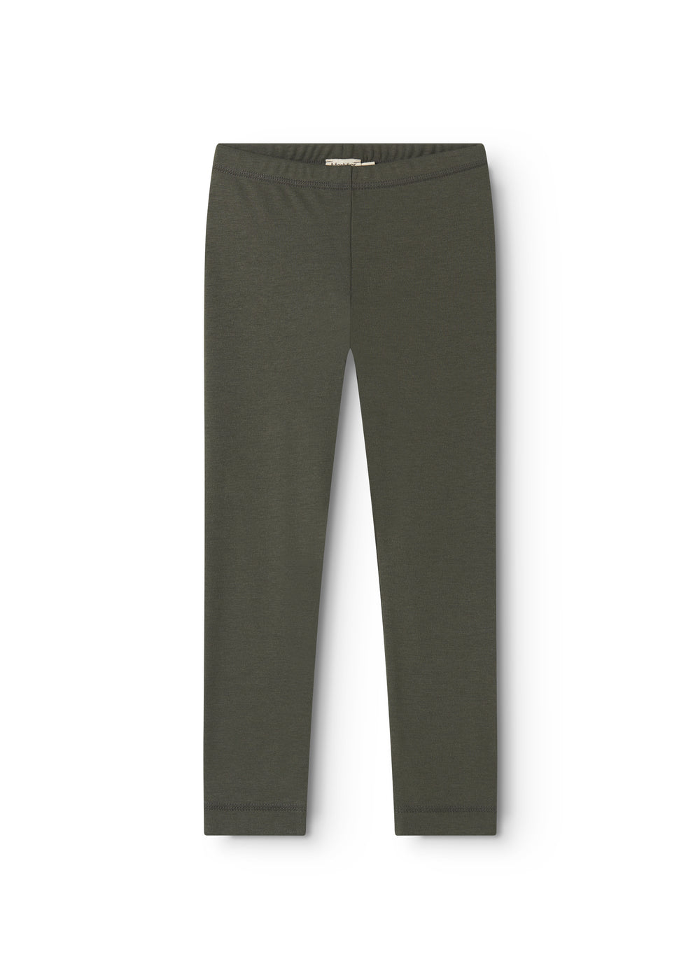 Mørkegrønne børneleggings, bag- eller sidevisning med elastisk linning