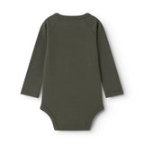 Langærmet bodystocking i mørkegrøn med rund hals og glat ryg uden synlige detaljer.