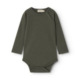 Langærmet bodystocking i mørkegrøn med rund hals og trykknapper i skridtet.