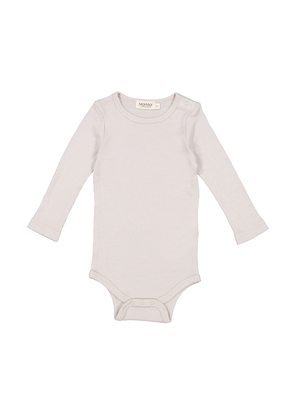 Bense uld rib bodystocking i lys beige, langærmet, heldragt med trykknap i skridt